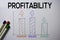 Profitability text with keywords isolated on white board background. Chart or mechanism concept