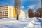 The program of capital repairs in Russia. Renovated facade of an apartment building. Orange walls, bright colors of the facade