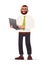 Programmer. A bearded man with glasses is holding a laptop in his hands