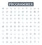 Programmer vector line icons set. Developer, Coder, Engineer, Technician, Analyst, Designer, Hacker illustration outline