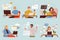 Programmers working. Freelancers blogger students homework digital computer pc or laptop nowaday vector characters