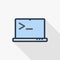 Programming code on laptop, application thin line flat color icon. Linear vector symbol. Colorful long shadow design.