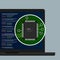 Programming coding line of text in laptop screen. close-up of electronic circuit board with processor hardware.