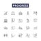 Progress line vector icons and signs. Evolve, Ascend, Grow, Succeed, Enhance, Boost, Progess, Improve outline vector