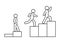 Progress skill worker, climbing stairs with obstacles, raising level in business, line art. Different levels of life on