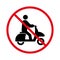 Prohibited Moped Road Sign. Scooter Ban Black Silhouette Icon. Forbidden Fast Scooter Pictogram. Person on Motor Bike