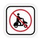 Prohibited Moped Road Sign. Scooter Ban Black Silhouette Icon. Forbidden Fast Scooter Pictogram. Person on Motor Bike