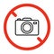 Prohibited photo camera, no shooting on camera sign. Forbidden make photography symbol. Vector