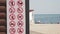 prohibition poster. prohibition sign. close-up. poster with prohibitory signs on the beach. against the backdrop of the