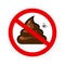 Prohibition sign with crossed poo, pile of shit with flies in red circle. No pooping symbol. vector