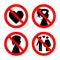 Prohibition sign icons collection, set of vector illustration on white. Red forbidden circle. No love, no girls