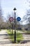 Prohibition sign no bicycle, road sign in park. Bicycle ahead road sign with a soft sky background. No bicycle, bike prohibited