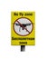 Prohibition sign No fly zone in Russian and English. Yellow prohibition sign with crossed out silhouette of a flying aircraft