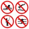 Prohibition sign for no swim, jump, self portrait and climb