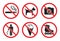 Prohibition sign set at the entrance to the store, not allowed icons - no dog, icecream, photo, smoke, skates, litter