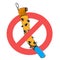 Prohibition sign to use sticky tape for flies. Vector illustration icon of adhesive ribbon trap with glued flies. Forbidden sign