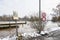 Prohibition signs at the flood of the river Danube in winter 2021 in Regensburg with the notice - flood - in German language