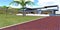 The project of exclusive club apartments. The path to the recreation area is paved with red brick. Spacious meadow with palm trees