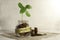 Project. Glass jar with coins and a plant on the table and several coins nearby.