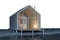 The project of a modern small cottage house in Scandinavian eco-friendly Northern style with a high roof on the lake in white