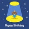 Projector light in the circus show Cute cartoon bear with hat. Birthday Card. Flat design