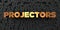 Projectors - Gold text on black background - 3D rendered royalty free stock picture