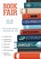 Promo poster for book fair with stack of different academic and entertainment literature vector flat illustration