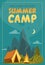 Promo summer camp flyer with mountains, campfire and tent. Camping, traveling, trip, hiking, nature, journey, picnic concept. A4