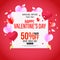 Promo Web Banner for Valentine`s Day Sale. Beautiful Background with Red Fabric Hearts and love birds. Vector Illustration with