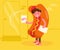 Promoter in a hot dog costume handing out leaflets. Vector. Cartoon. Isolated art
