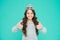 Promoting your content. Happy child give thumbs ups blue background. Princess girl wear crown. Promoting product or