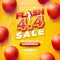 Promotional Business Flash Sale Design with 3d 4.4 Number and Party Balloon on Yellow Background. Vector April 4 Special