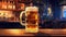 A promotional shot with a full glass of light camp beer with droplets on the sides in the bar.