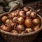 The prompt describes a close-up shot of a basket filled with fresh onions