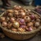 The prompt describes a close-up shot of a basket filled with fresh onions