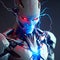 prompt futuristic humanoid robot covered in white porcelan skin red blue eyes volumetric lightning