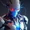 prompt futuristic humanoid robot covered in white porcelan skin red blue eyes volumetric lightning