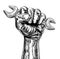 Propaganda Woodcut Fist Hand Holding Spanner