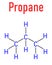 Propane hydrocarbon molecule. Alkane used as fuel in portable stoves, gas blowtorches, cars, etc. Skeletal formula.