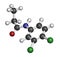 Propanil herbicide molecule. 3D rendering. Atoms are represented as spheres with conventional color coding: hydrogen white,.
