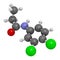 Propanil herbicide molecule. 3D rendering. Atoms are represented as spheres with conventional color coding: hydrogen (white),