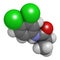 Propanil herbicide molecule. 3D rendering. Atoms are represented as spheres with conventional color coding: hydrogen (white),