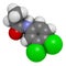 Propanil herbicide molecule. 3D rendering. Atoms are represented as spheres with conventional color coding: hydrogen (white),