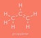 Propene propylene molecule. Polypropylene PP, polyprene building block material. Skeletal formula.