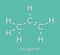 Propene propylene molecule. Polypropylene PP, polyprene building block material. Skeletal formula.