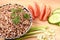 Proper nutrition. Buckwheat. Fresh vegetables. Brown background