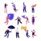 Property, Health Medical Insurance, Pr, Social Media Networking Service Set. Male and Female Characters Holding Shield, Umbrella