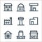property line icons. linear set. quality vector line set such as store, office building, house, warehouse, radio tower, factory,