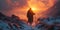 Prophet Moses gazes towards fiery sunset, snowy path. An evocative image of Moses on a snowy path, gazing towards a