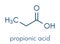 Propionic acid propanoic acid molecule. Used as preservative in food. Skeletal formula.